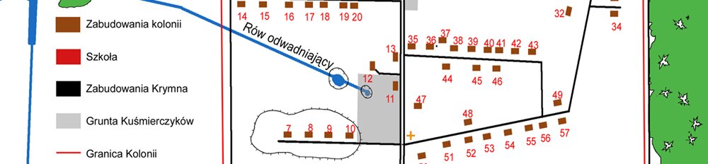 Mapa Kolonii Krymno rozrysowana z pamięci przez braci Kuśmierczyków.Źródło - Książka Lucjana Kuśmierczyka - "Przypomnieć Korzenie".W książce znajduje się również pełen spis mieszkańców zgodnie z numeracją.Dostępny na życzenie w formie elektronicznej.